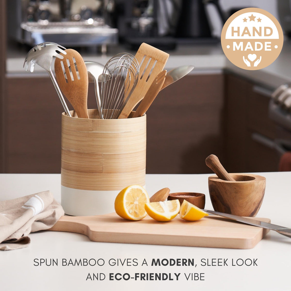 Spun Bamboo Kitchen Utensil Holder: Modern Countertop Organizer