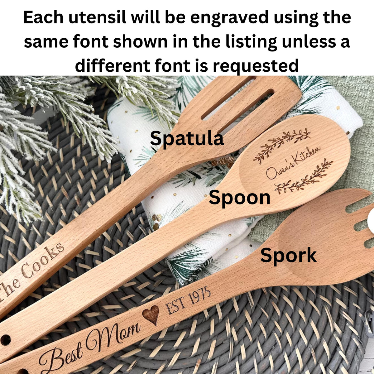 Personalized Wooden Kitchen Utensils, Custom Engraved Cooking Spoon, Spork & Spatula Set