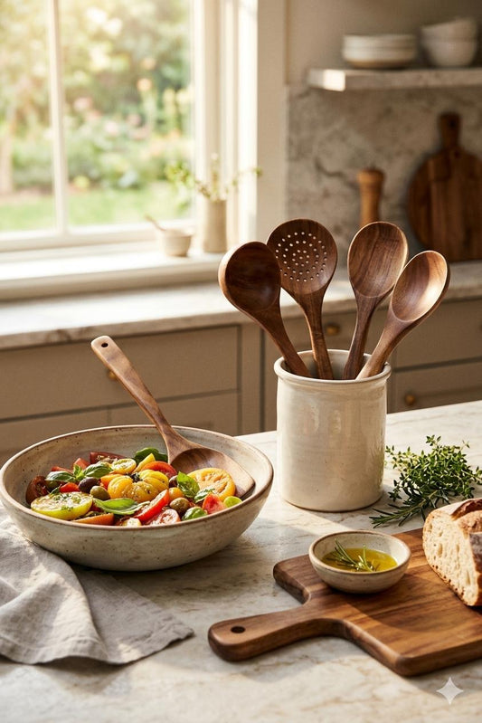 Acacia Wood Kitchen Utensil Set of 7, Wooden Spoons for Cooking, Non-Stick Spatula Set