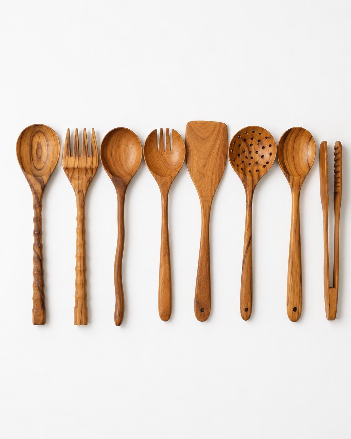 Teak Wood Kitchen Utensil Set, Handmade Wooden Cooking Utensils, Set of 3, 5, or 8