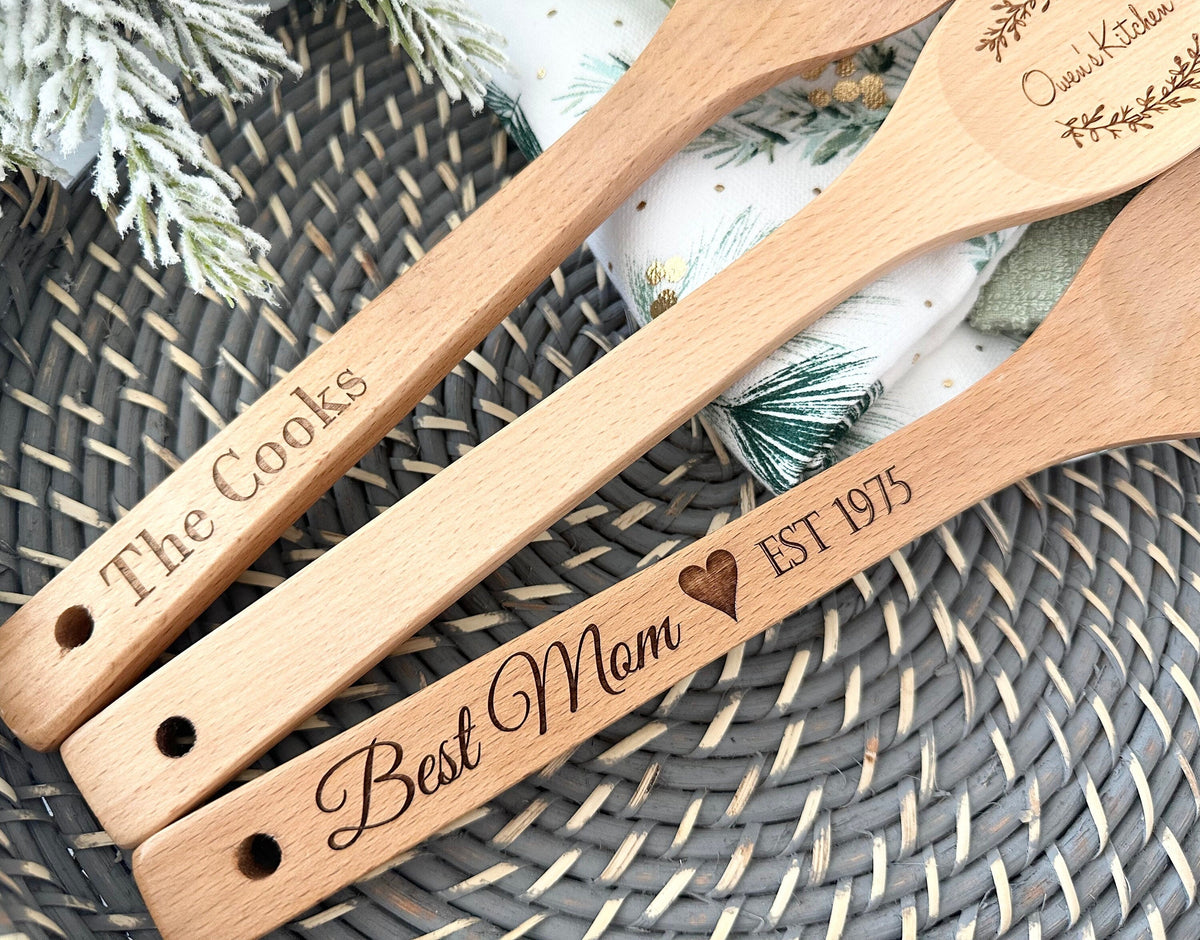 Personalized Wooden Kitchen Utensils, Custom Engraved Cooking Spoon, Spork & Spatula Set
