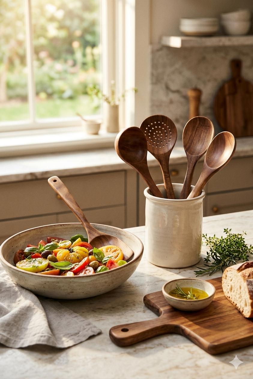 Acacia Wood Kitchen Utensil Set of 7, Wooden Spoons for Cooking, Non-Stick Spatula Set