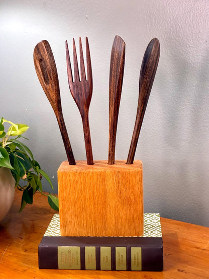 Vintage Teak Wood Utensil Set with Holder