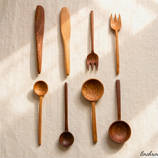 Walnut Serving Set, Hand-Carved Wooden Spoon and Fork, Minimalist Tableware
