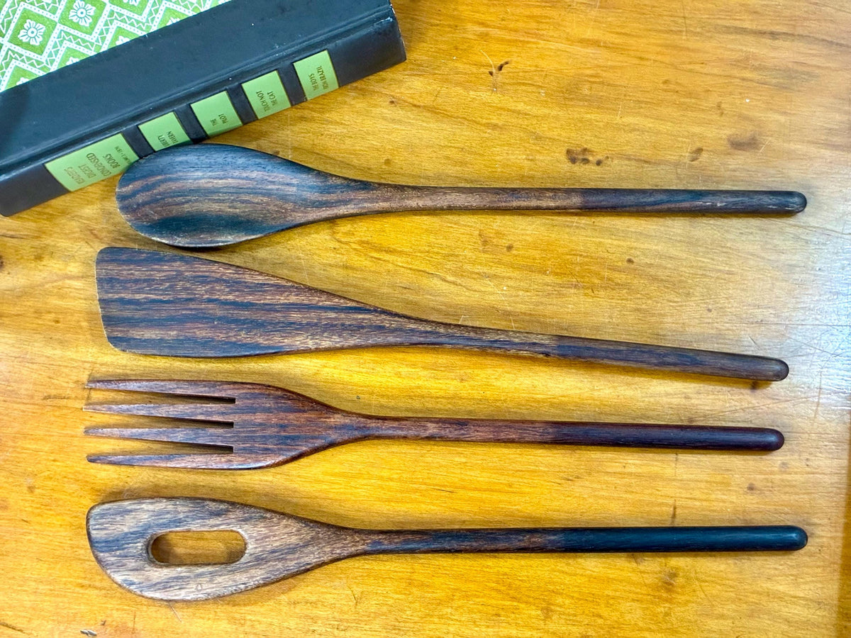 Vintage Teak Wood Utensil Set with Holder