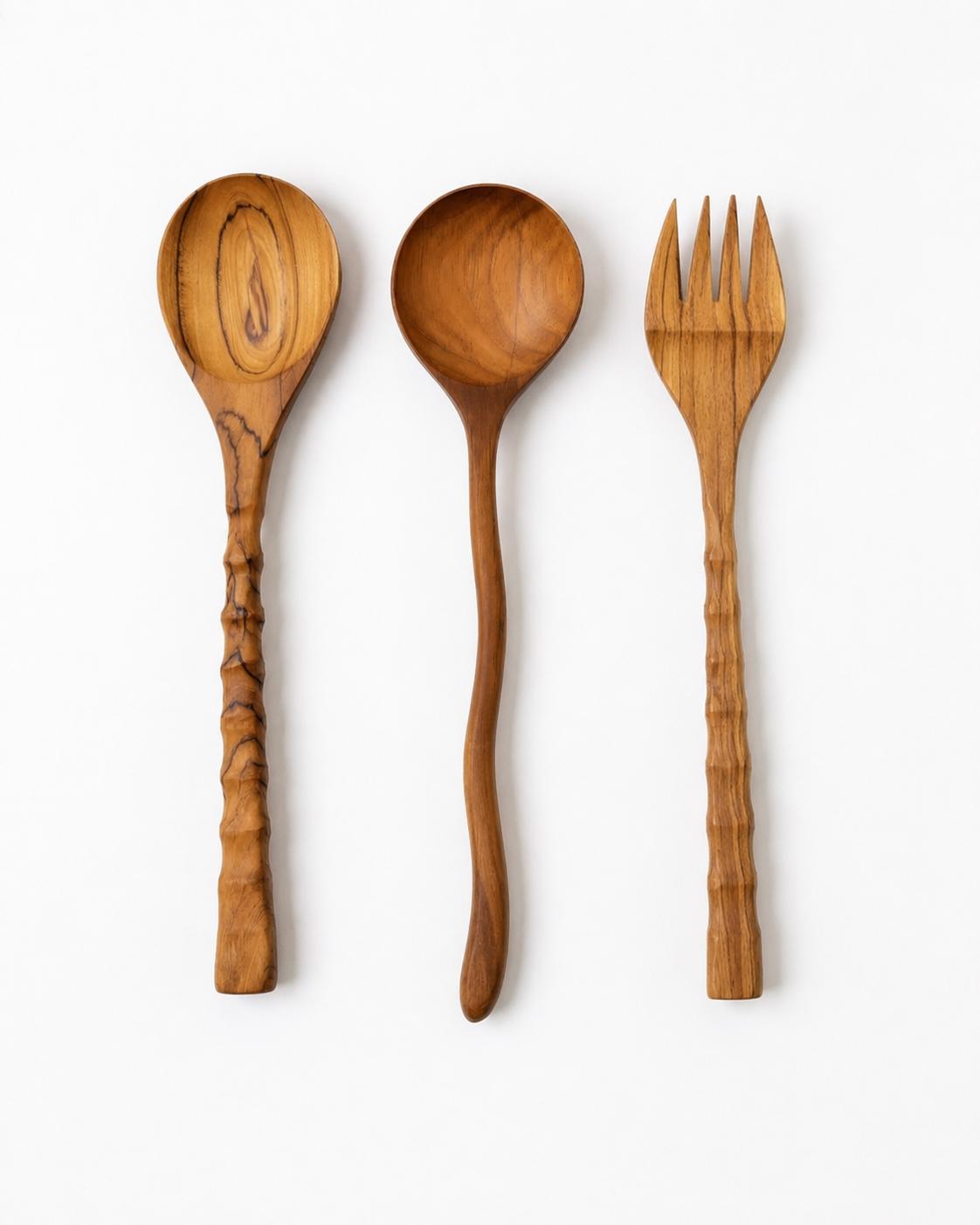 Teak Wood Kitchen Utensil Set, Handmade Wooden Cooking Utensils, Set of 3, 5, or 8