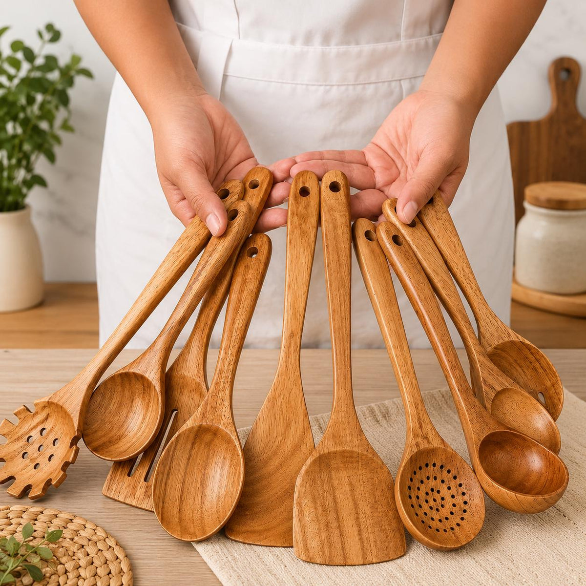 Wooden Kitchen Utensil Set, 10 Piece Wooden Cooking Tools, Natural Wood Spoons & Spatulas, Non Stick Cookware Utensils